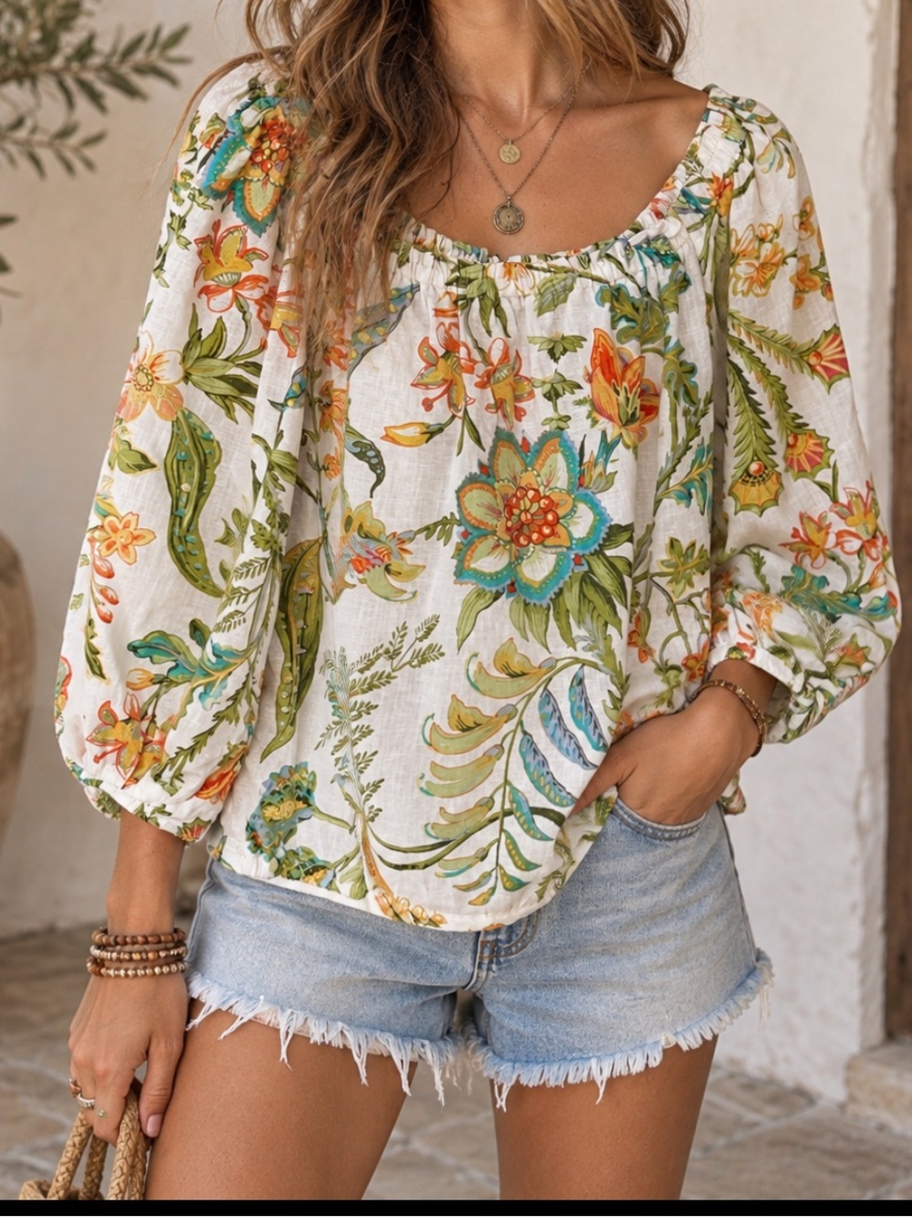 Boho Floral Linen Blend Peasant Blouse